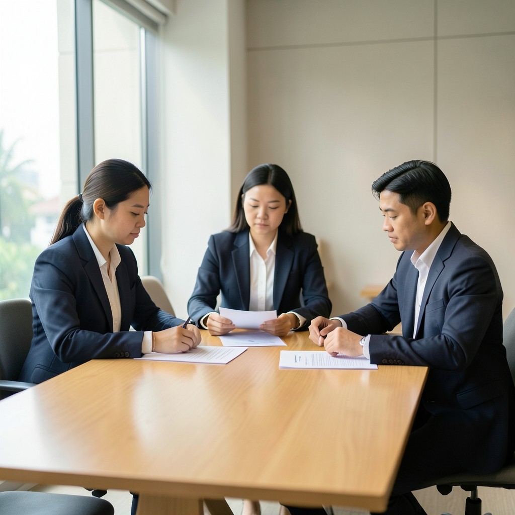 Consultant and client reviewing regional branch notes in a Bangkok meeting room