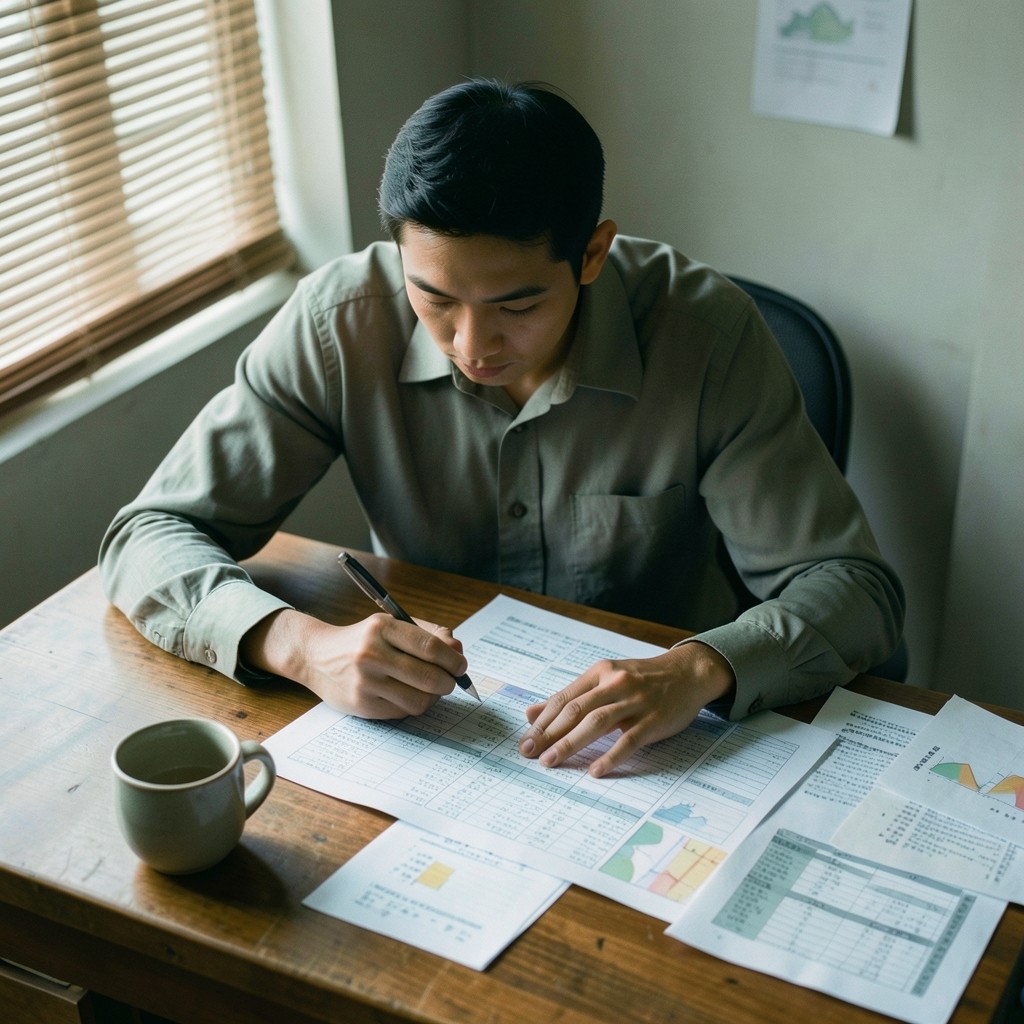 Analyst reviewing branch volume tables and charts